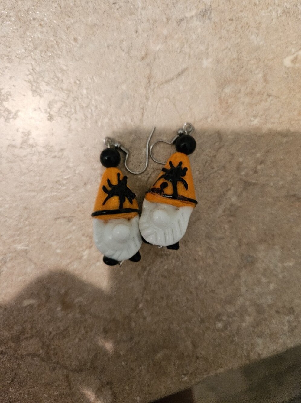 Handmade Halloween Glass  Gnome Dangle Earrings - Orange and White